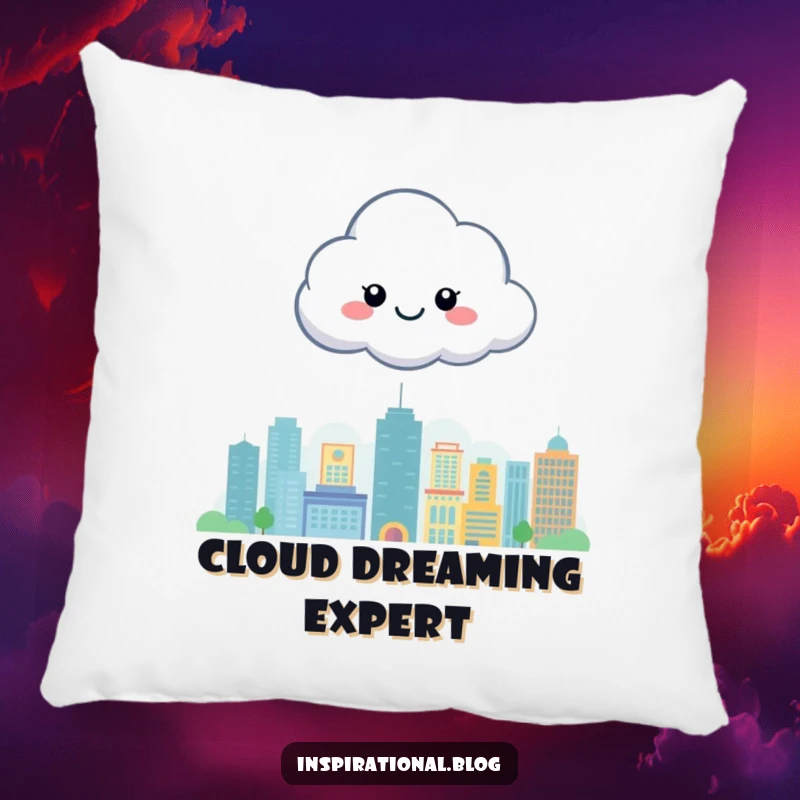 Funny throw pillow featuring a happy cloud character floating cheerfully above a stylized cityscape, perfect for cozying up.