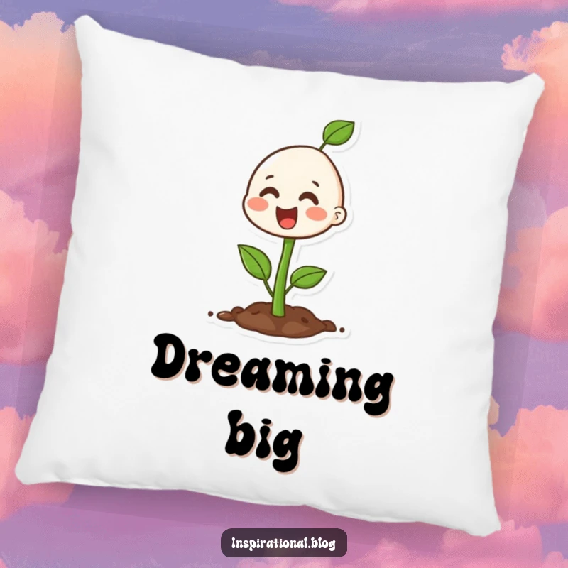 Funny happy seedling character designed on a pillow, exuding growth and cheerful vibes.