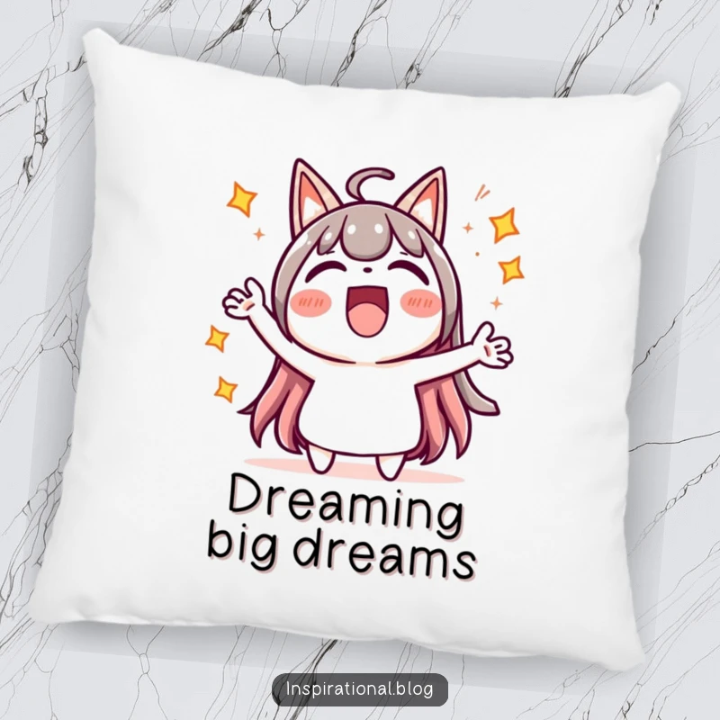 Funny pillow with a cute kawaii character cheering loudly, surrounded by bright starbursts, for cheerful relaxation.