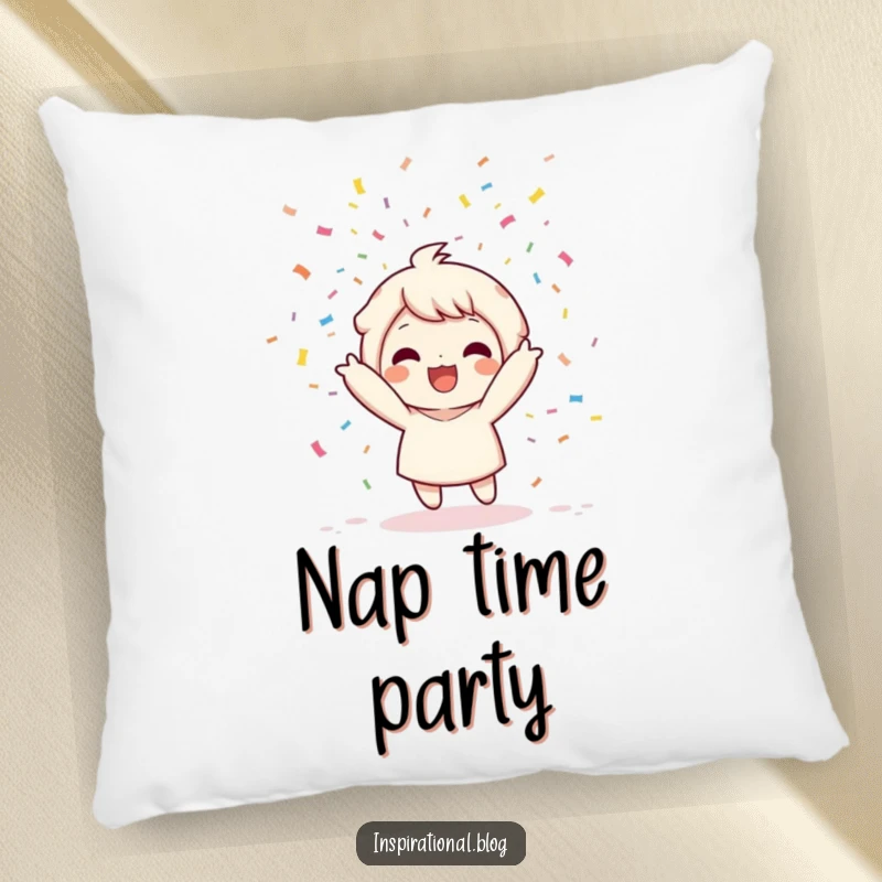 Funny throw pillow featuring a kawaii character joyfully throwing a confetti bomb, showering colorful party streamers.