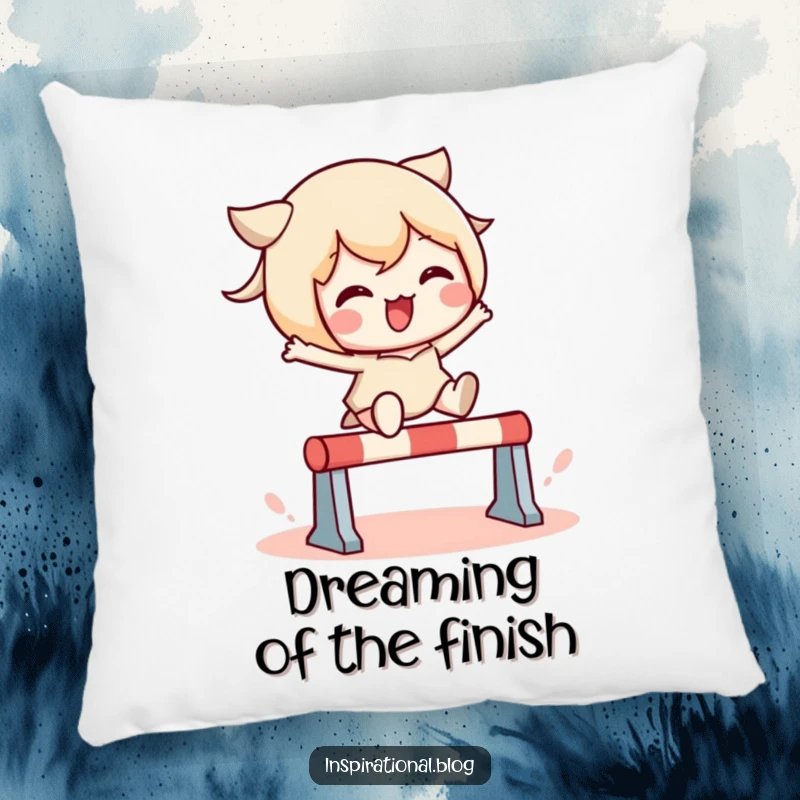 Funny pillowcase featuring a cute kawaii character in a dynamic leap over a tiny obstacle, designed for comfort and a good laugh.