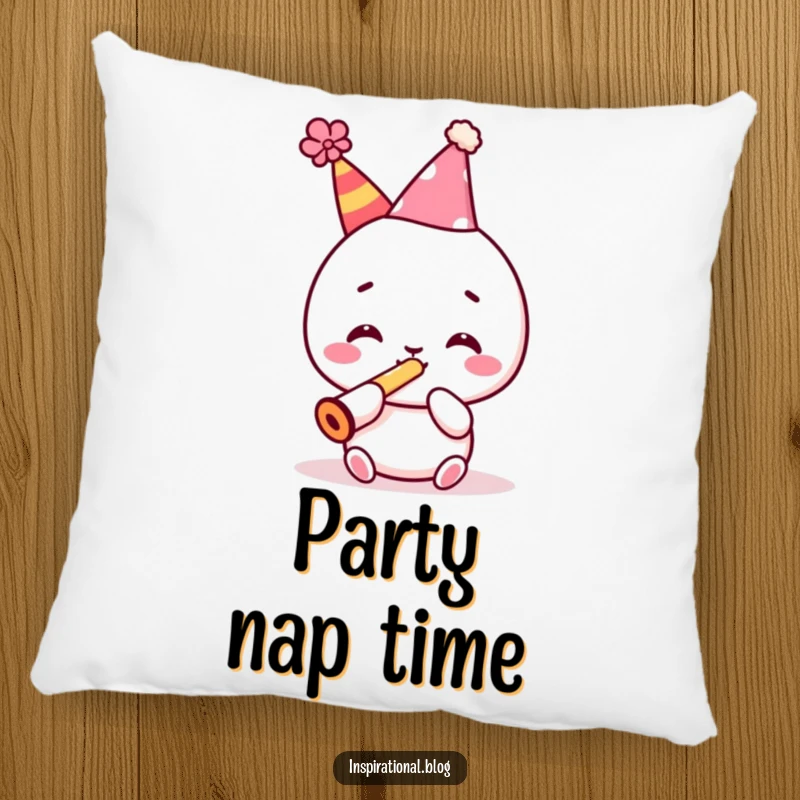 Funny pillow with a cute kawaii character in a party hat, playing a kazoo, perfect for cheerful lounging.