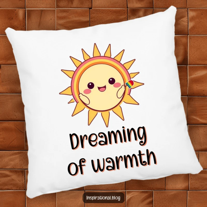 Funny throw pillow with a kawaii character painting a vibrant rainbow smile onto a happy sun, perfect for cozying up.