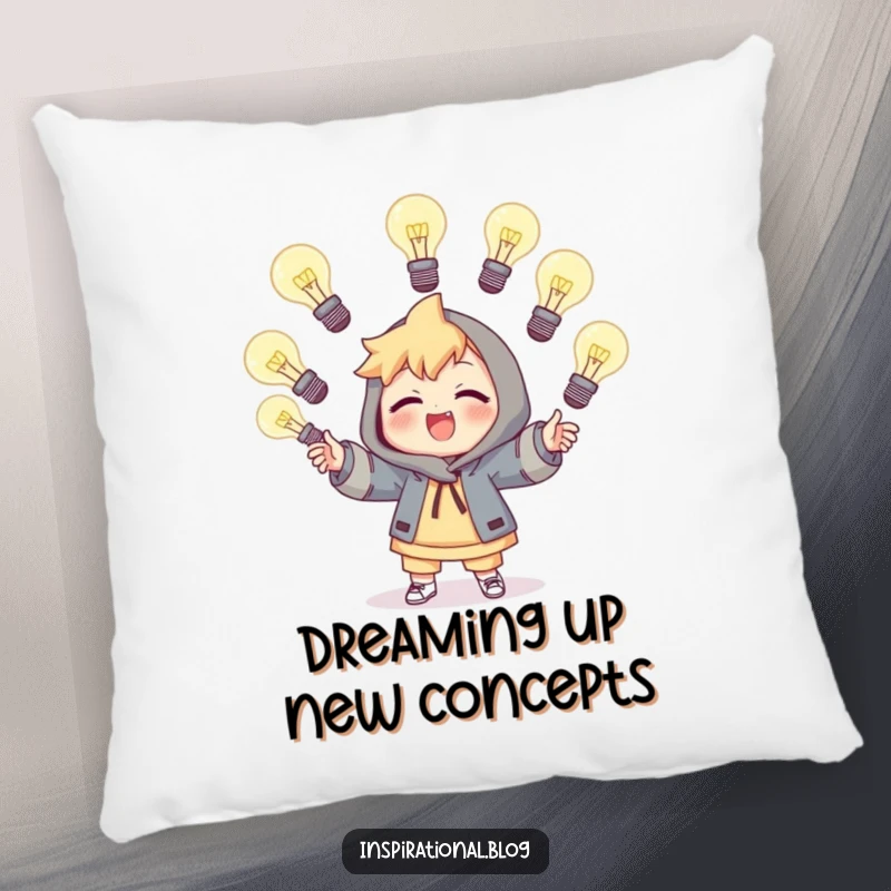 Funny pillow featuring a character juggling numerous light bulbs, offering a soft, humorous touch for a creative space.