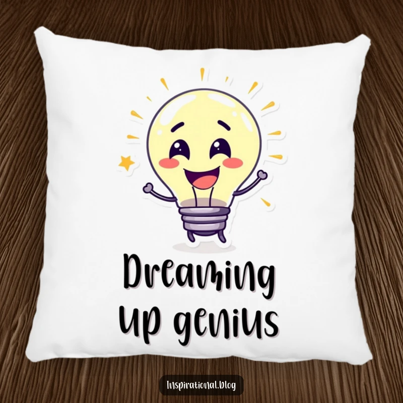Funny Pillow with a grinning lightbulb character bursting with ideas, providing comfort and a humorous intellectual touch.