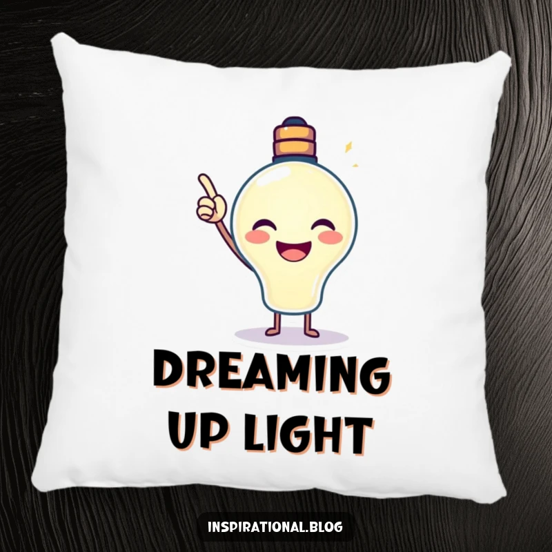 Funny Lightbulb Pillow with a smiling, beaming lightbulb pointing upwards, providing comfort and inspirational decor.