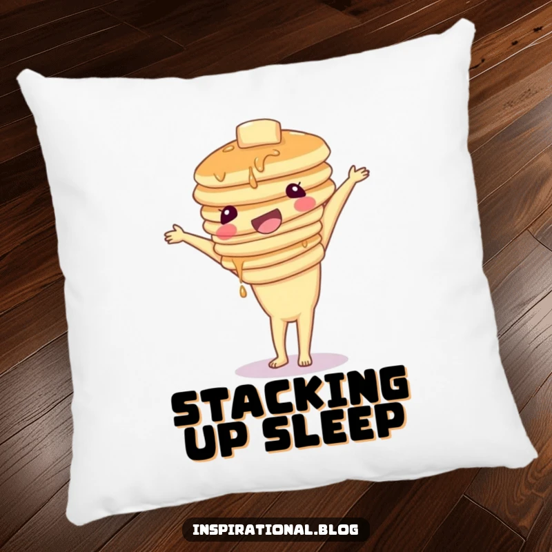 Funny pillow designed with a wobbly stack of pancakes attempting a handstand, offering cozy comfort and a humorous breakfast theme.
