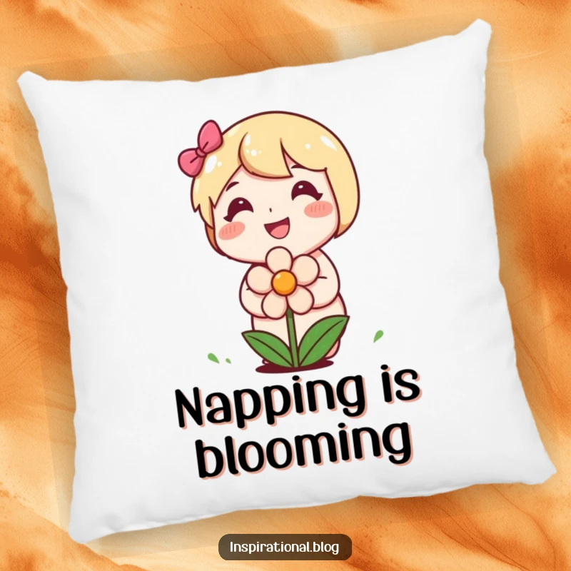 Funny pillow with a happy character planting a smiling flower, perfect for adding comfort and cheer.