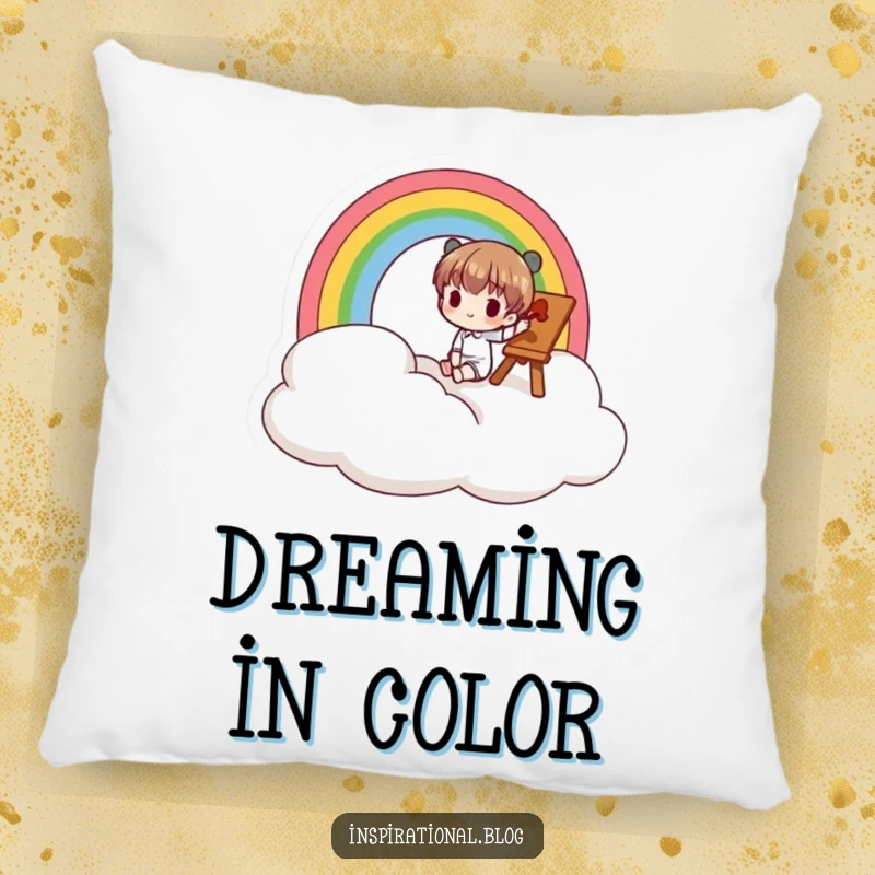 Funny pillow with a small character painting a rainbow on a cloud, perfect for adding color and comfort.