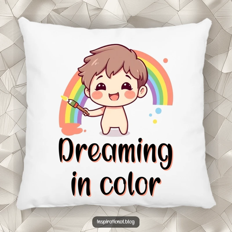 Funny smiling character painting a rainbow on a canvas, featured on a soft pillow for artistic comfort and cheer.