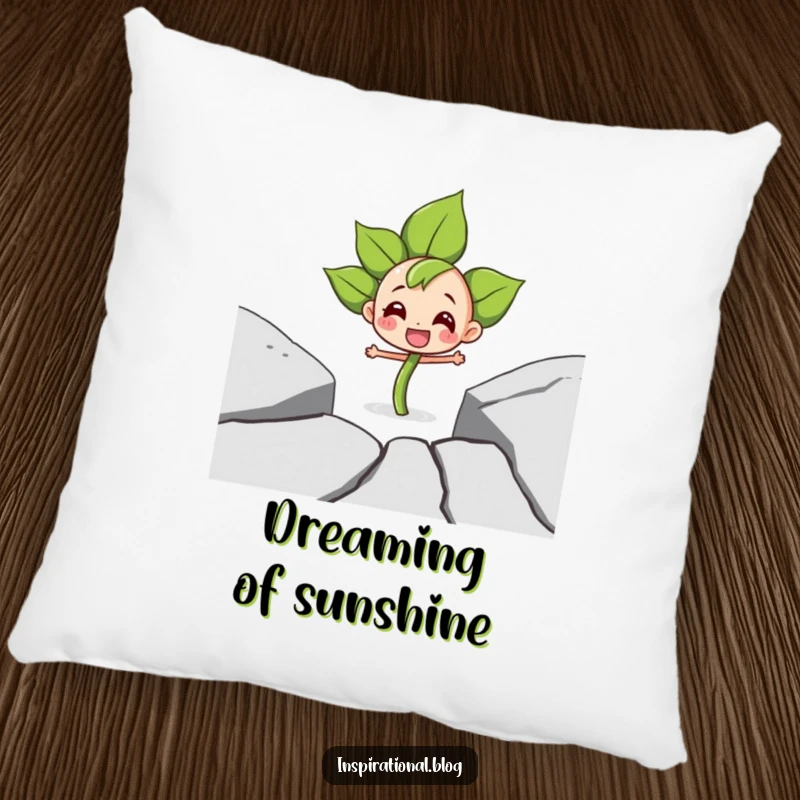 Funny plush pillow featuring a determined sprout character joyfully emerging from pavement, offering comfort and symbolic strength.