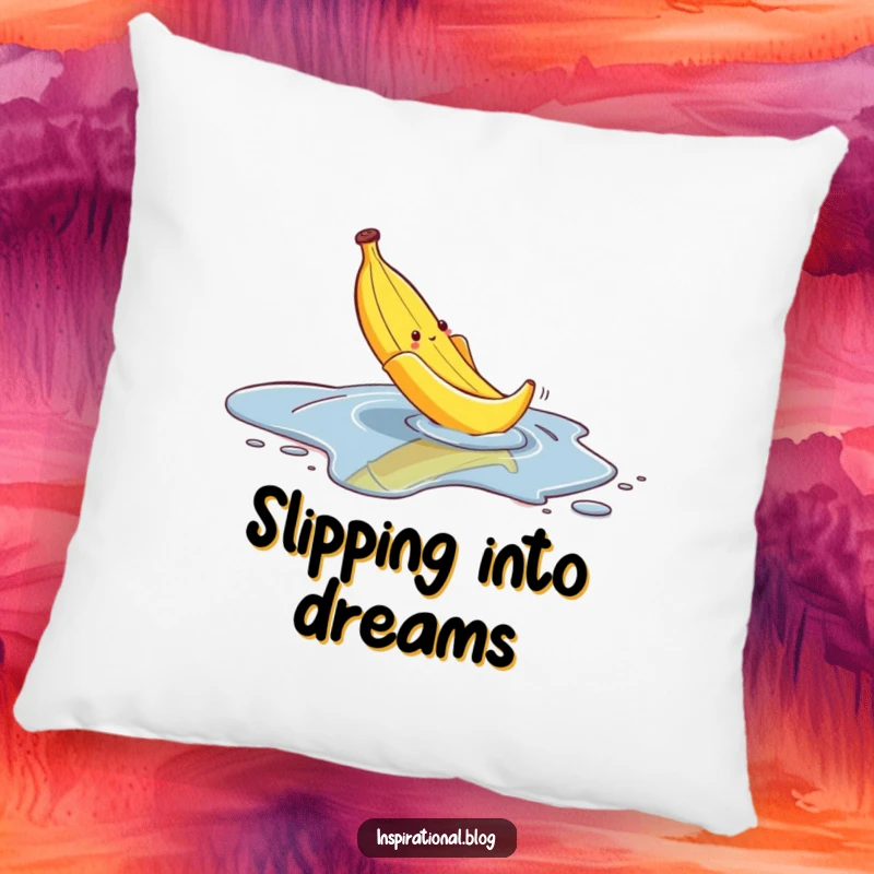 Funny pillow designed with a banana peel comically slipping on a puddle, offering cozy comfort and a touch of hilarious slapstick.