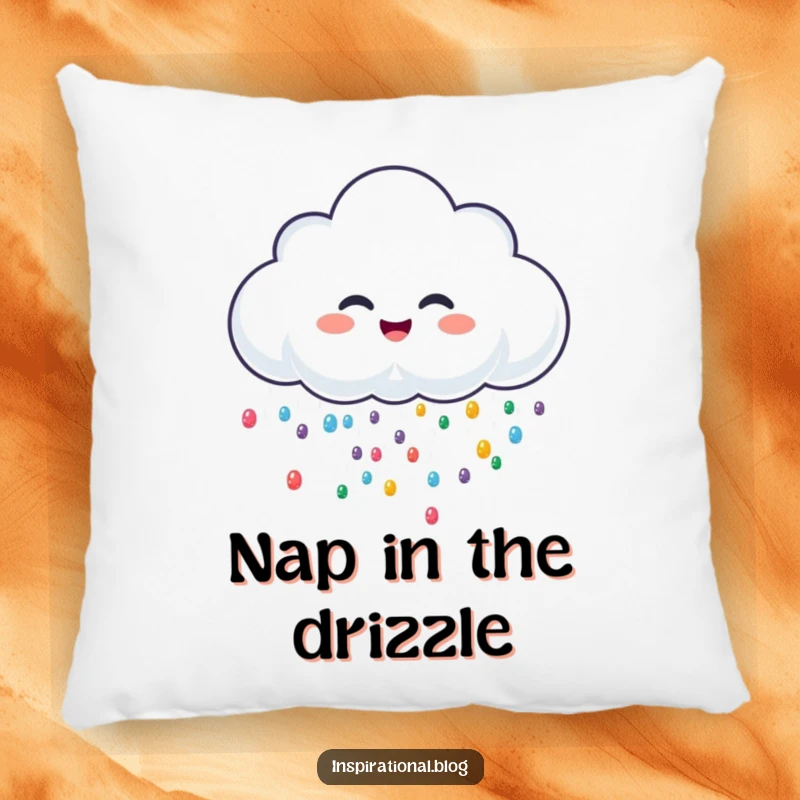 Funny plush pillow featuring a soft, cheerful rain cloud character giggling and sprinkling colorful droplets for ultimate comfort.