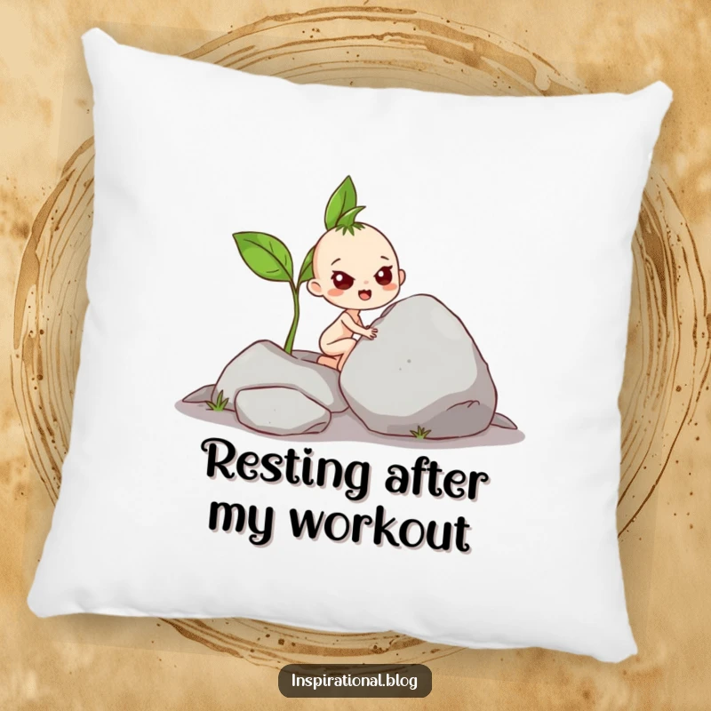 Funny Pillow: Soft cushion featuring a determined sprout character pushing a massive rock, offering comfort and a chuckle.