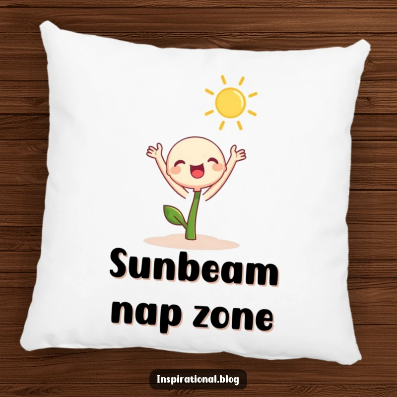 Funny Pillow featuring a cute sprout character joyfully reaching towards the sun, bringing a touch of cheerful warmth to any space.