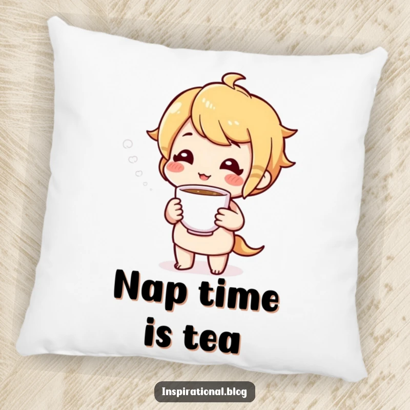 Funny pillow with a cheerful character offering a cup of tea, perfect for adding comfort and warmth.