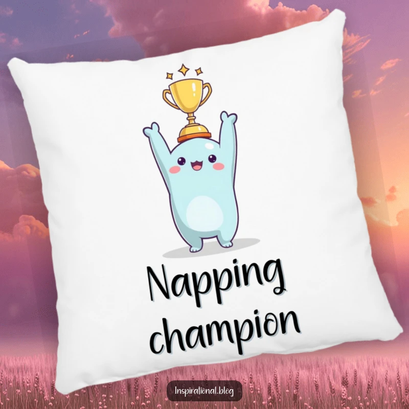Funny character holding a tiny trophy, featured on a soft pillow for cozy celebrations and humorous decor.