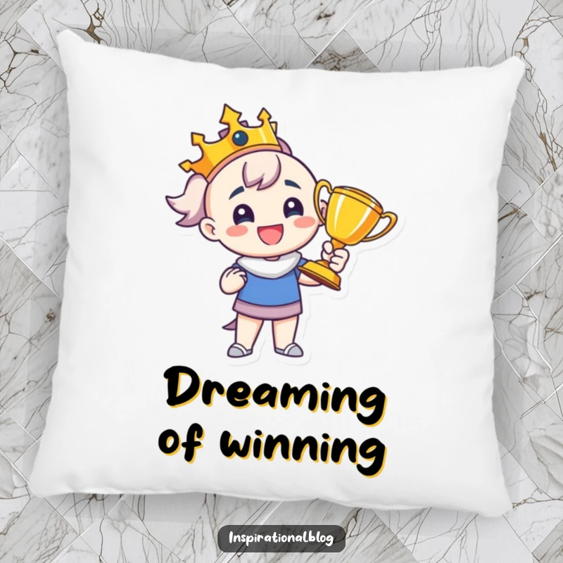 Funny pillow depicting a proud character beaming with a trophy, adding cozy comfort and a touch of celebratory humor.