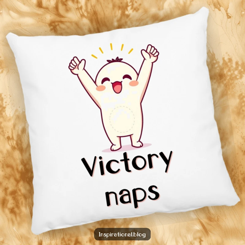 Funny throw pillow featuring a kawaii character in a triumphant pose with arms raised, perfect for celebrating wins.