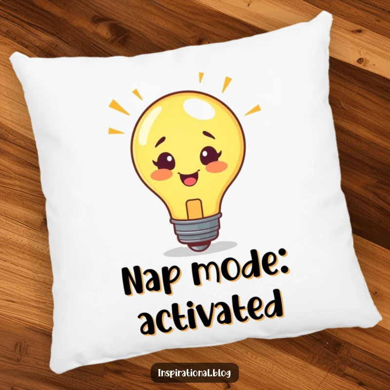 Funny pillow featuring a smiling lightbulb character with a lightbulb over its head signifying a great idea.