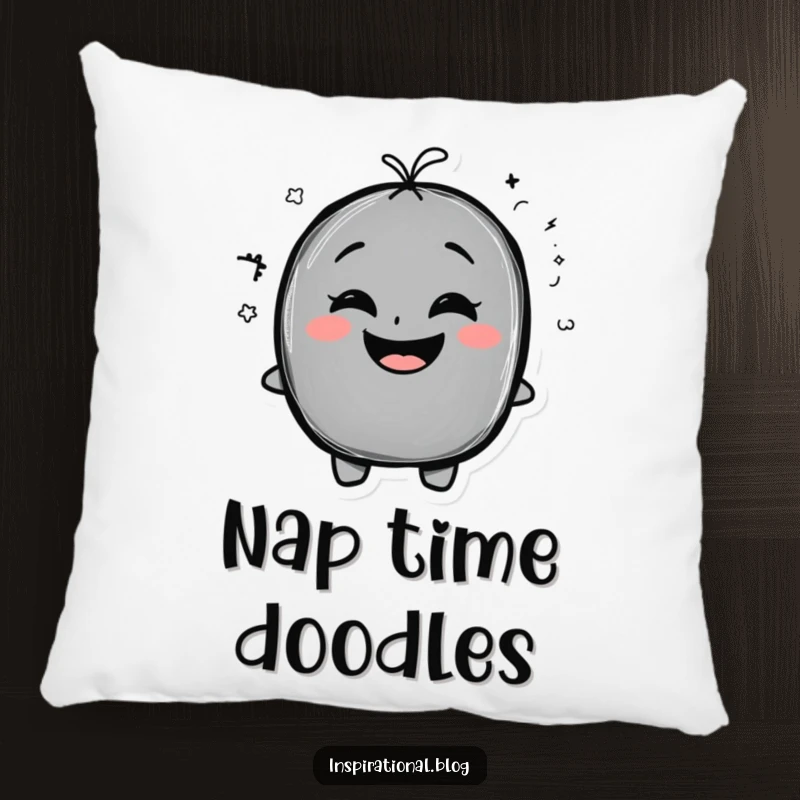 Funny Pillow with a chalkboard character, exaggerated smile, and a funny doodle, providing comfort and artistic humor.