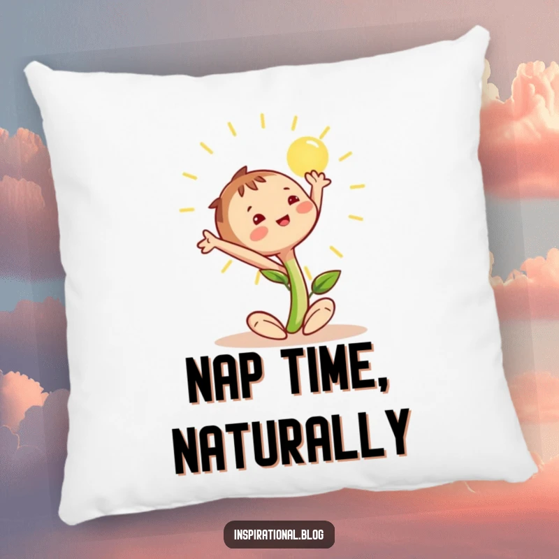 Funny seedling character stretching gleefully towards a shining sun, depicted on a plush pillow for cozying up.