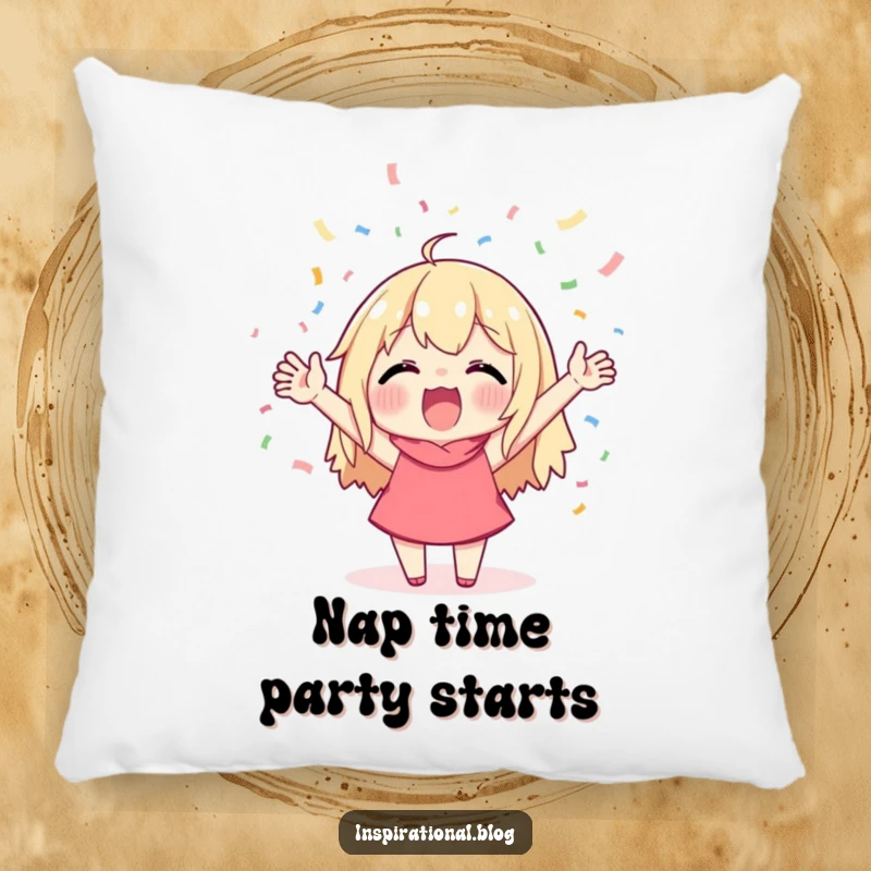 Funny pillow featuring a character cheering enthusiastically amidst falling confetti, perfect for adding a cozy and festive touch.