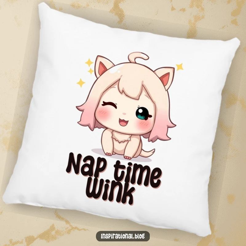 Funny pillow featuring a little character giving a playful, sparkly wink and a happy sigh, perfect for cozy moments.