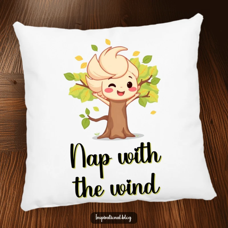 Funny pillow featuring a cheerful wind gust character playfully blowing leaves around a sweet smiling tree illustration.
