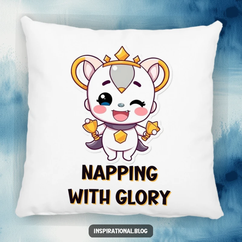 Funny Trophy Character beaming with pride on a soft pillow, offering comfort and a symbol of victorious accomplishment.