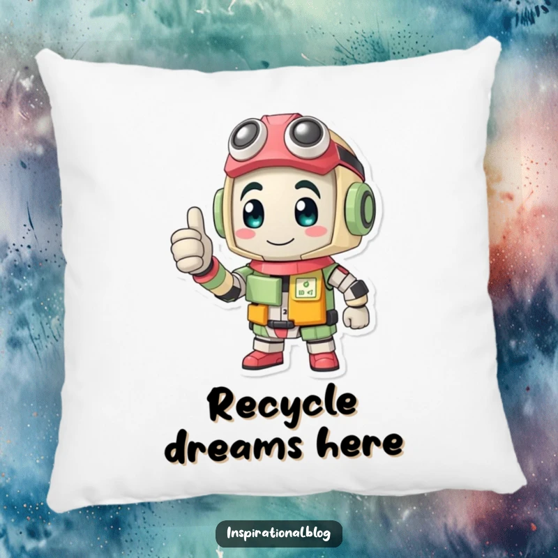 Funny pillow featuring a charming character composed of recycled items, offering a cheerful thumbs-up.