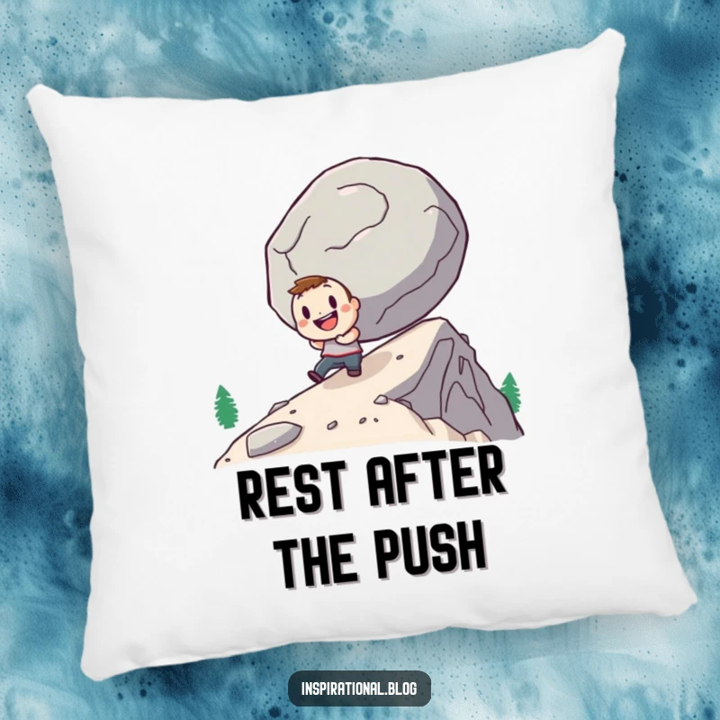 Funny pillow with a determined character cheerfully pushing a giant boulder uphill, providing comfort and motivational decor.
