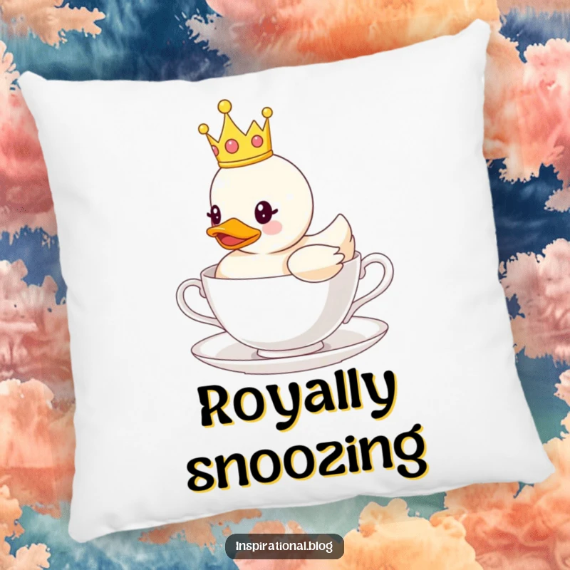 Funny pillow designed with a rubber duck wearing a crown, floating on a teacup, providing cozy comfort with a touch of royal humor.