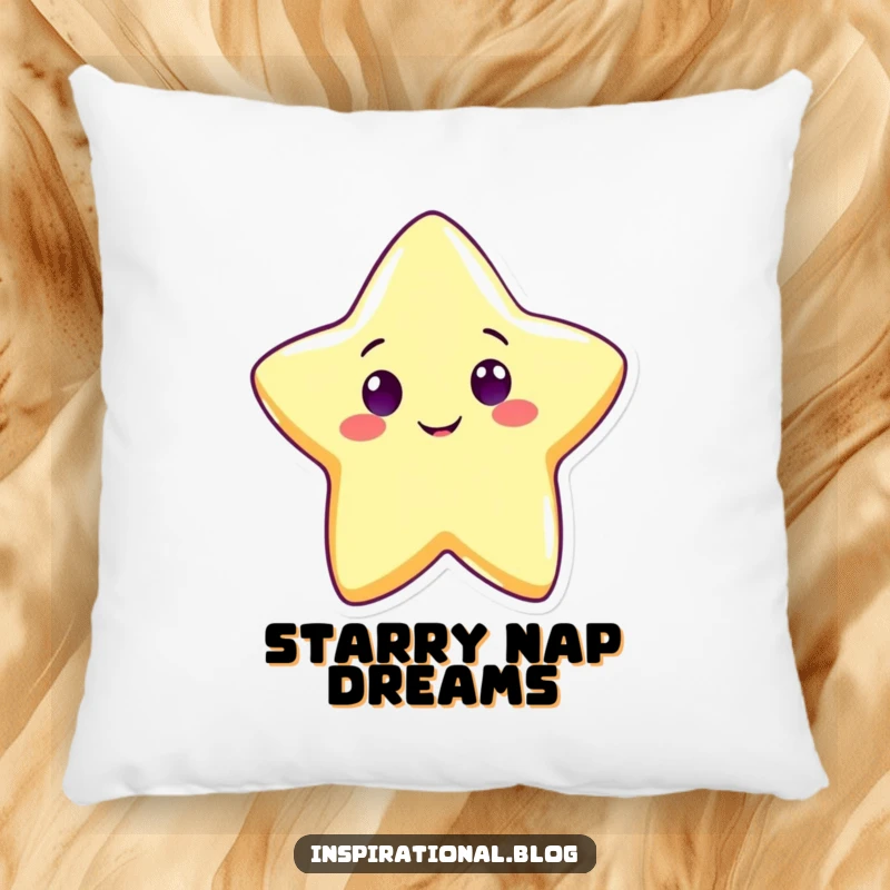 Funny cute star pillow with a cheerful star character shining brightly with a wide grin, embodying warmth and happiness.