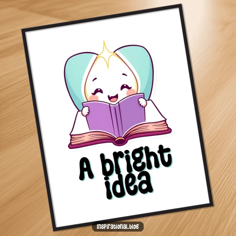 Funny smiling book character revealing a sparkling light in a digital art print, symbolizing wonder.