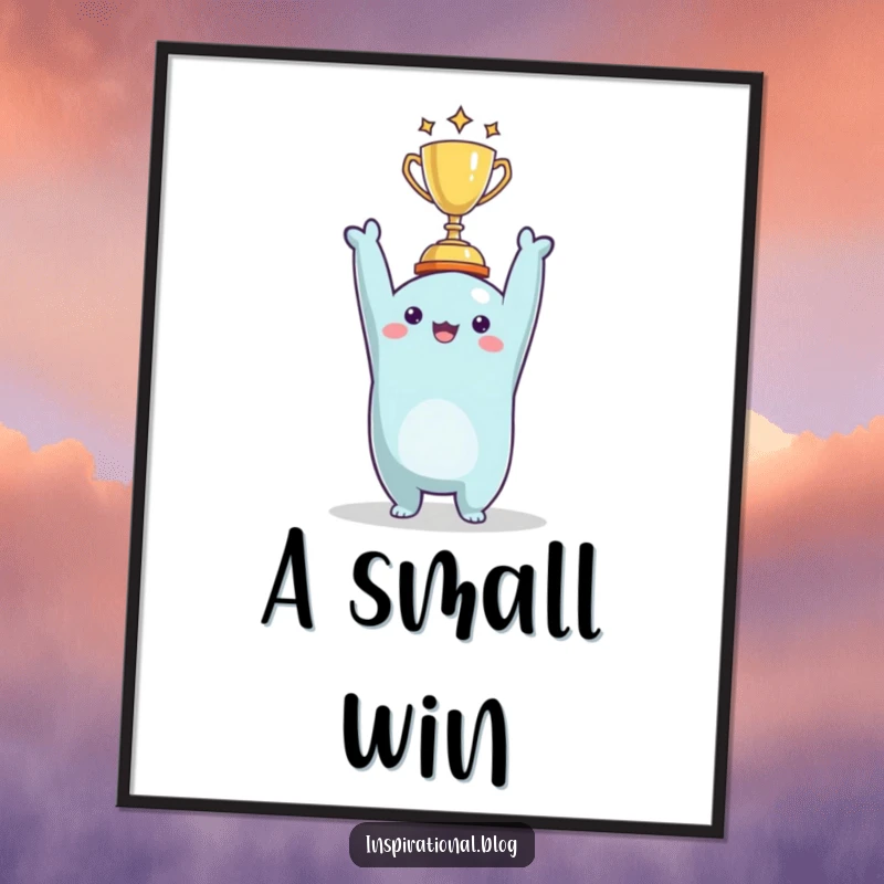 Funny character triumphantly holding a tiny trophy, depicted as humorous digital art for instant download and printing.