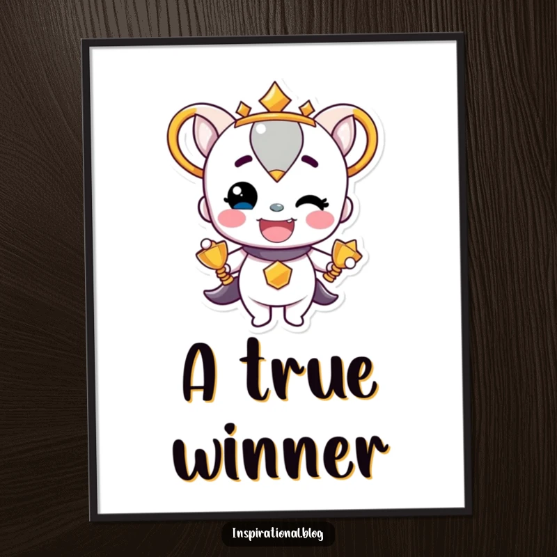 Funny Trophy Character beaming with pride, captured as a digital art print, symbolizing accomplishment and cheerful celebration.