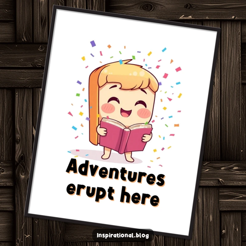 Funny Digital Art Print of a smiling book character launching colorful confetti, offering instant joyful and humorous wall decor.