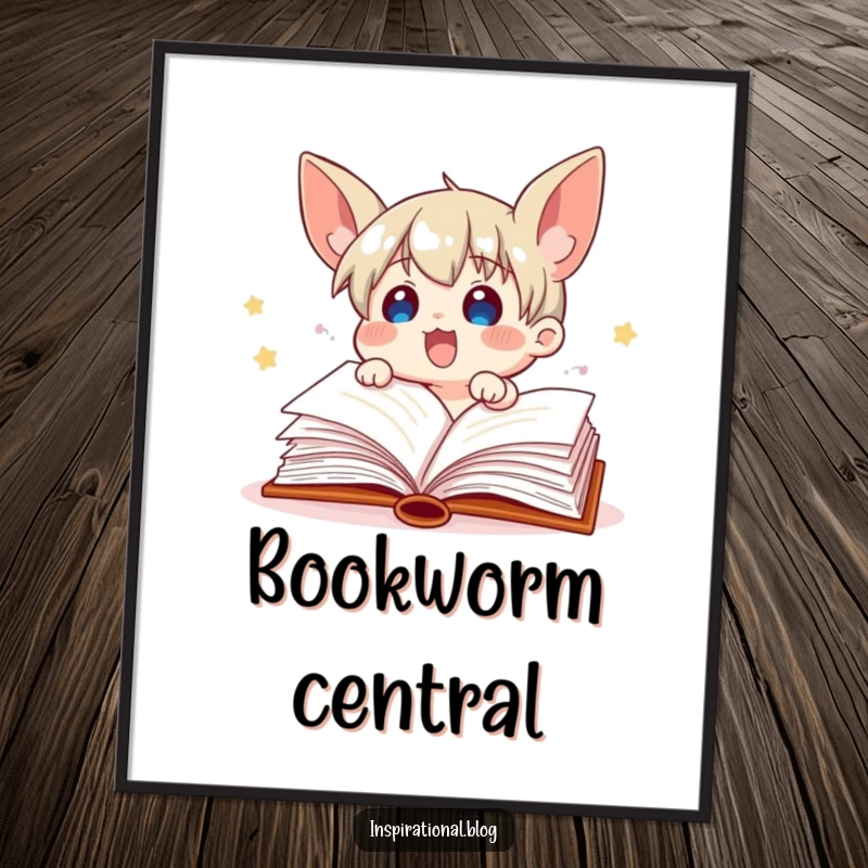 Funny illustration of an excited book character with pages fluttering dynamically, designed as a digital art print.