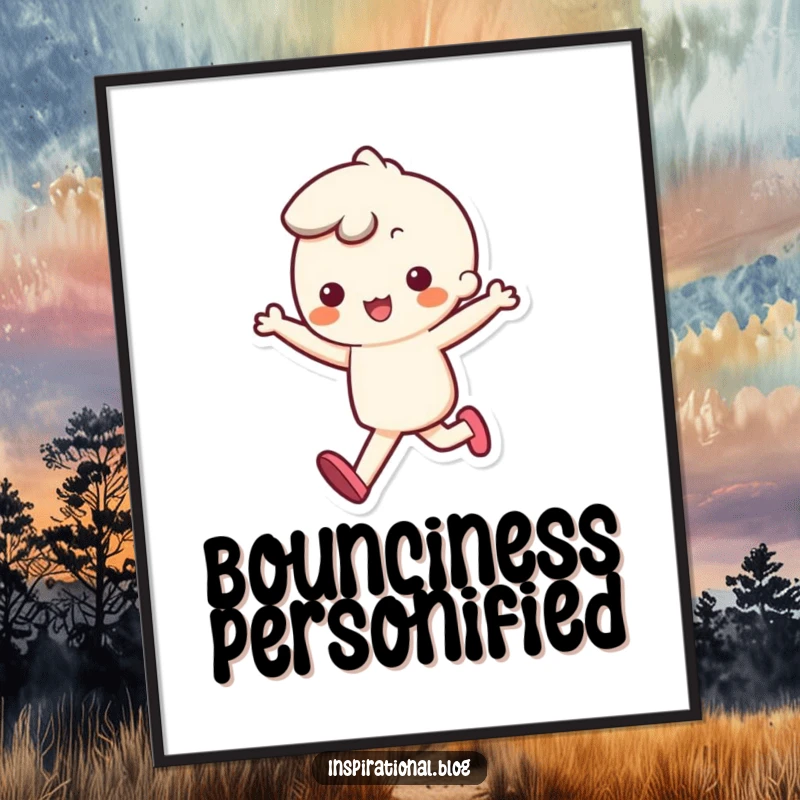 Funny digital art print of a kawaii character happily skipping with a bouncy step, for cheerful digital decor.