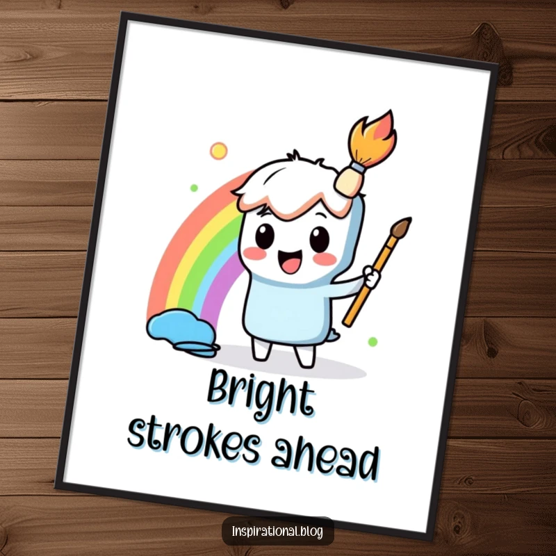 Funny Digital Art Print showing a paintbrush character joyfully painting a magnificent rainbow, symbolizing creativity, ready to be printed.