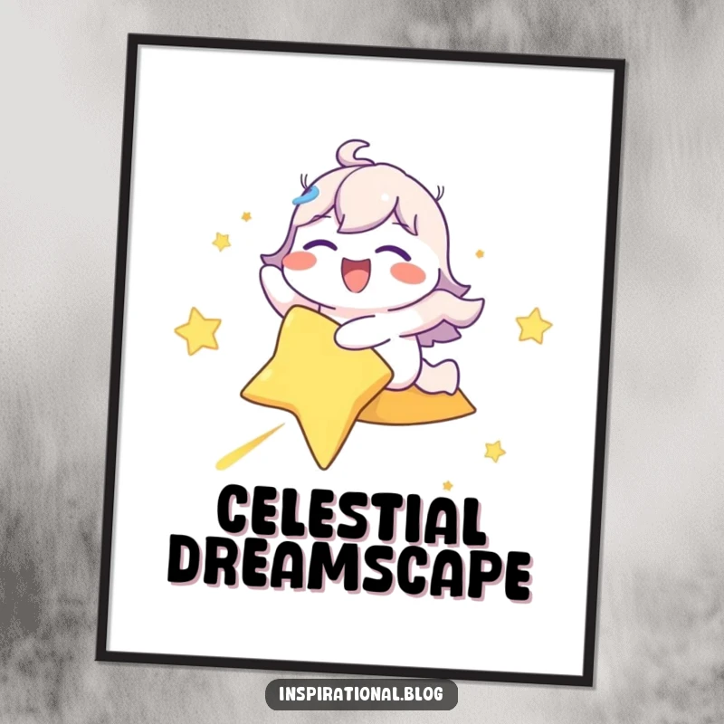 Funny digital art print of a happy character eyes closed in delight, riding a shooting star, perfect for whimsical home decor.