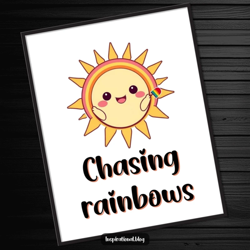 Funny digital art of a kawaii character painting a rainbow smile onto a happy, beaming sun.