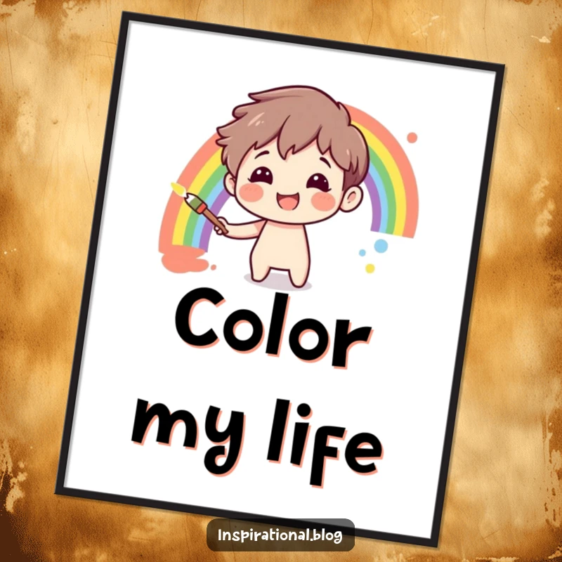 Funny character painting a rainbow on a clean canvas, depicted as cheerful digital art for instant download and printing.