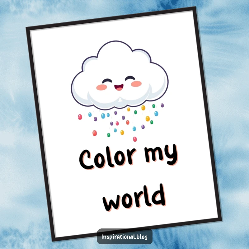 Funny digital art print of a cheerful rain cloud character giggling and sprinkling colorful drops, perfect for instant download and display.