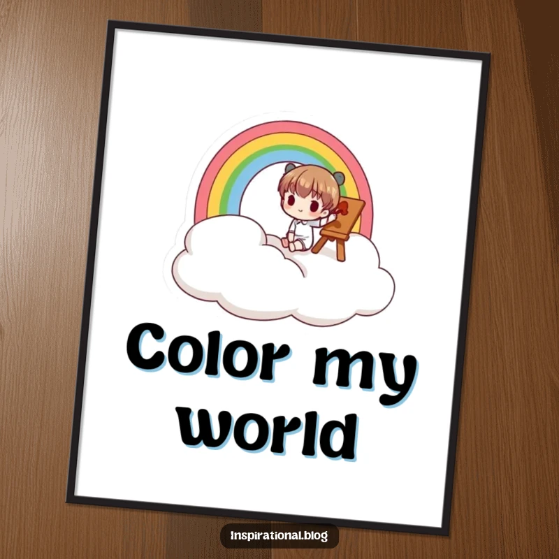 Funny digital art print of a small character painting a rainbow on a cloud, bringing instant cheer.