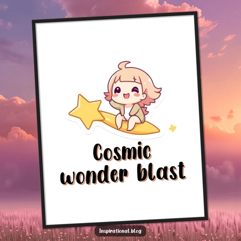 Funny digital art print of a giggling character riding a shooting star, full of wonder and joyous, humorous energy.