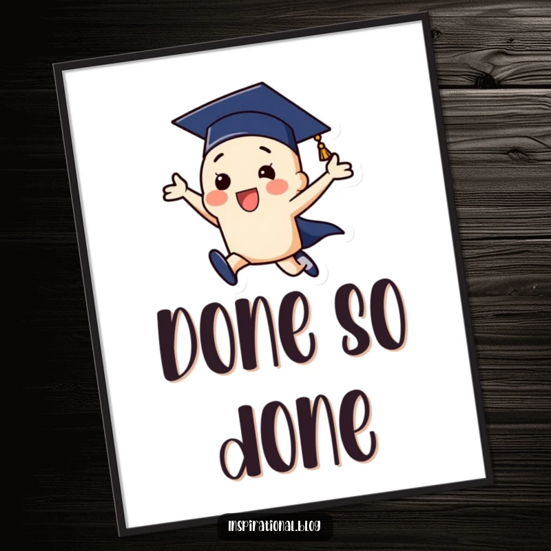 Funny graduation cap character in an exhilarating leap, a digital art print for instant humorous graduation decor.