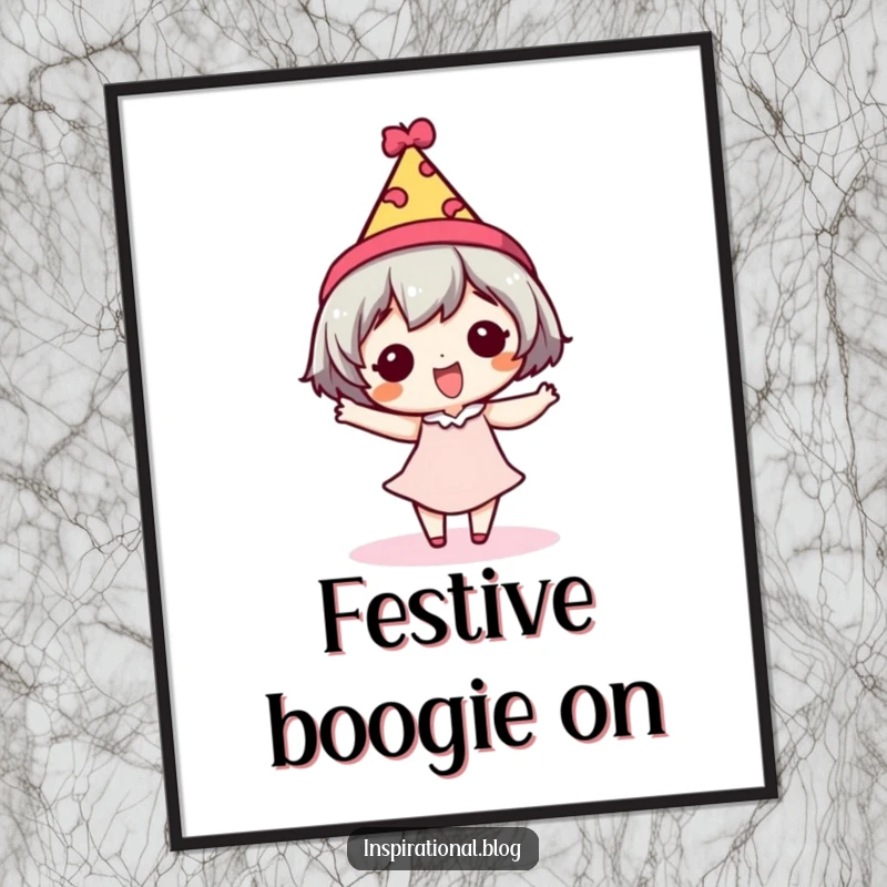 Funny digital art print of a tiny character doing a silly dance in a festive hat, full of festive joy.