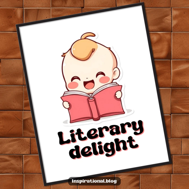 Funny digital art print of a smiling book character with pages fluttering open, radiating excitement and wonder.